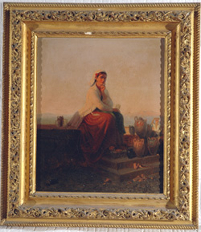 venditrice di acqua ferrata al Chiatamone, figura femminile (dipinto) di Celentano Bernardo (sec. XIX)