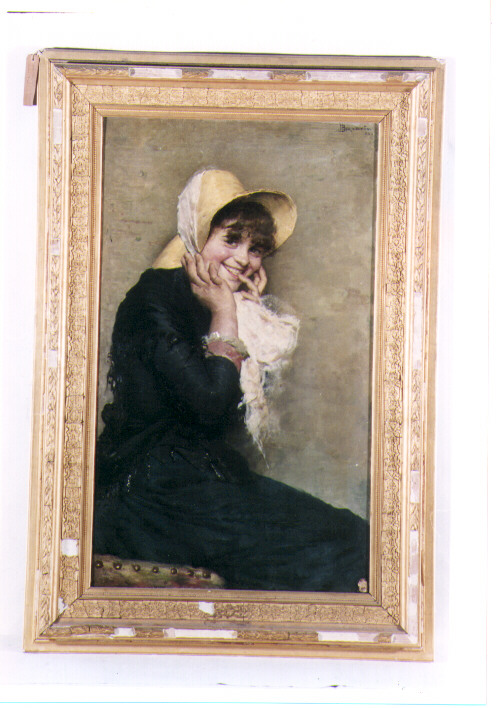 vanità precoce, figura di giovane donna con cappello (dipinto) di Brancaccio Luigi (sec. XIX)