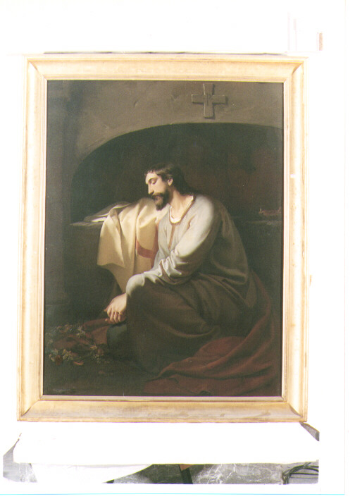 Un neofita cristiano sulla tomba di un martire nelle catacombe, figura maschile inginocchiata (dipinto) di Morelli Domenico (sec. XIX)