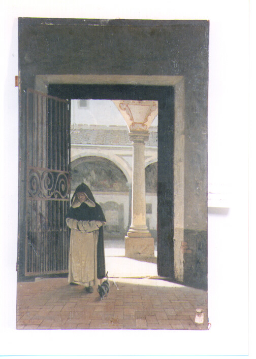 interno di chiostro con monaco (dipinto) di Abbati Giuseppe (sec. XIX)
