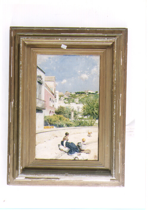 le lavandaie, veduta di città (dipinto) di Miola Camillo (sec. XIX)