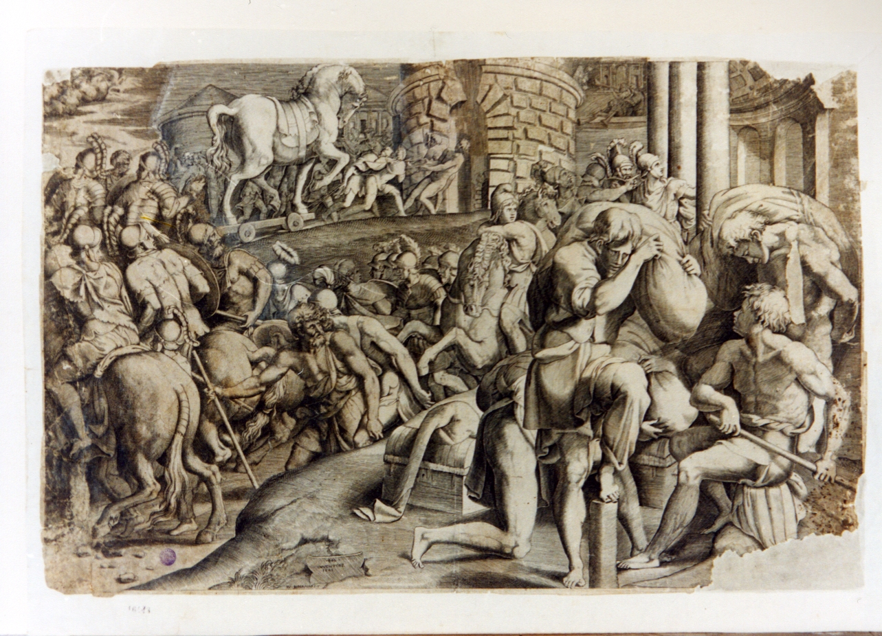 troiani introducono il cavallo di legno nella loro città (stampa) di Primaticcio Francesco detto Bologna (sec. XVI)