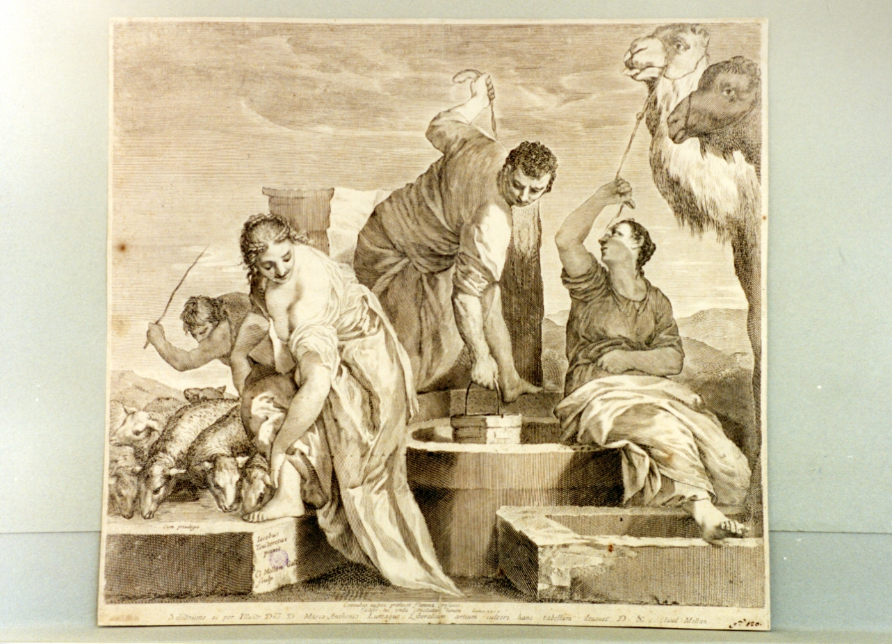 Giacobbe e Rachele al pozzo (stampa) di Mellan Claude, Robusti Jacopo detto Tintoretto (sec. XVII)