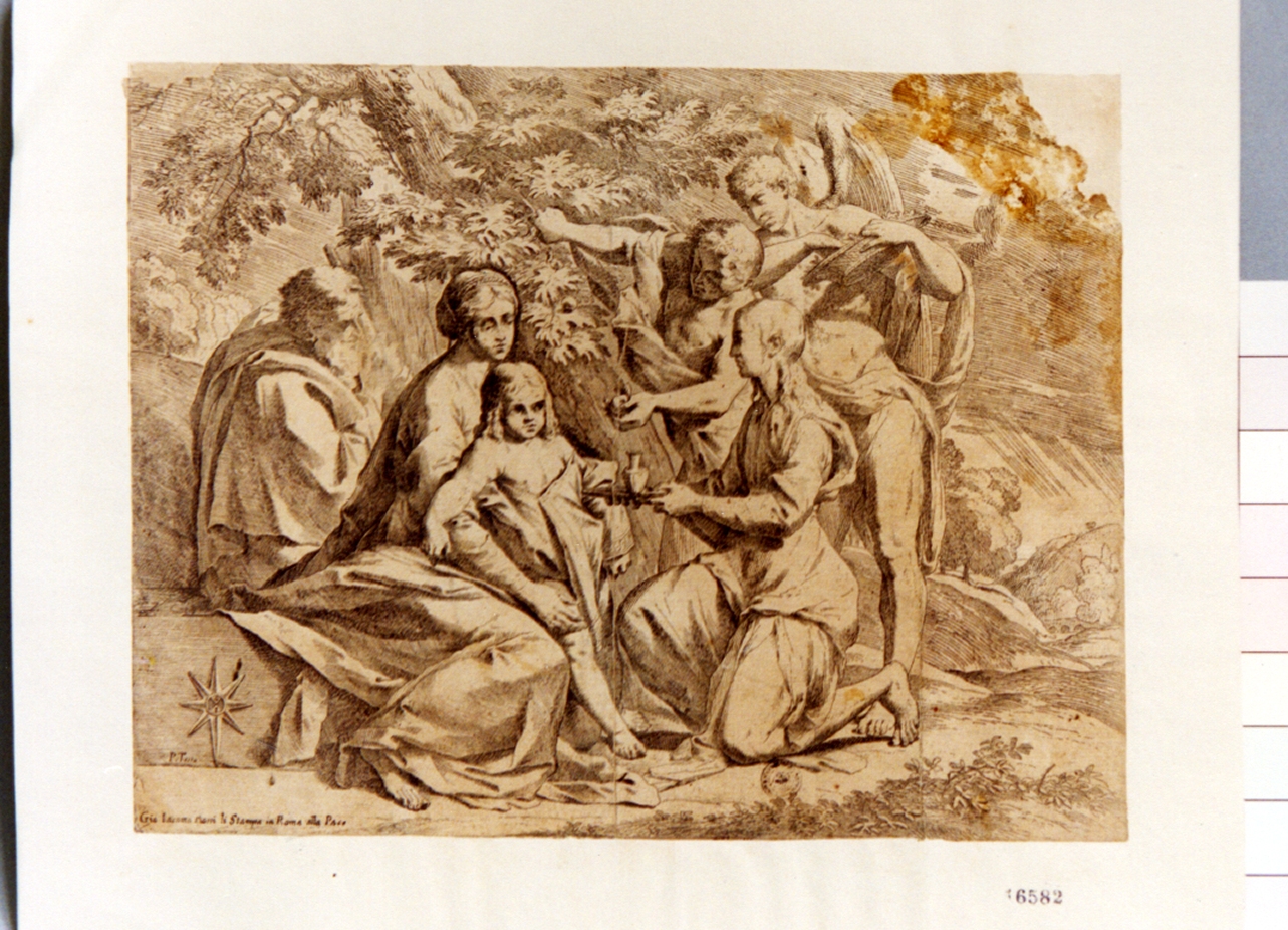 sacra famiglia con angeli (stampa) di Testa Pietro detto Lucchesino (sec. XVII)