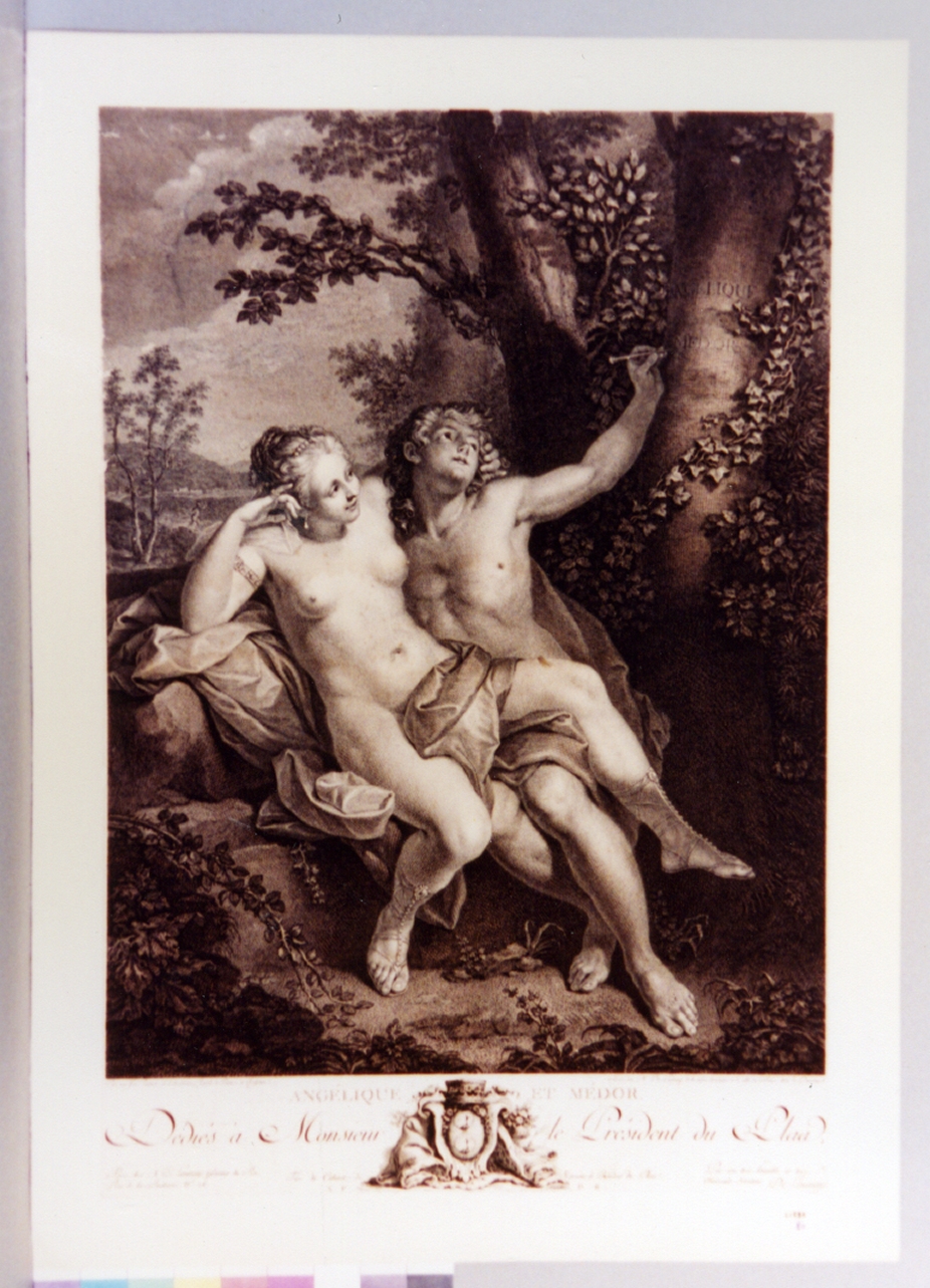 Angelica e Medoro incidono i loro nomi sulla corteccia dell'albero (stampa) di De Delaunay Nicolas, Raoux Jean (sec. XVIII)