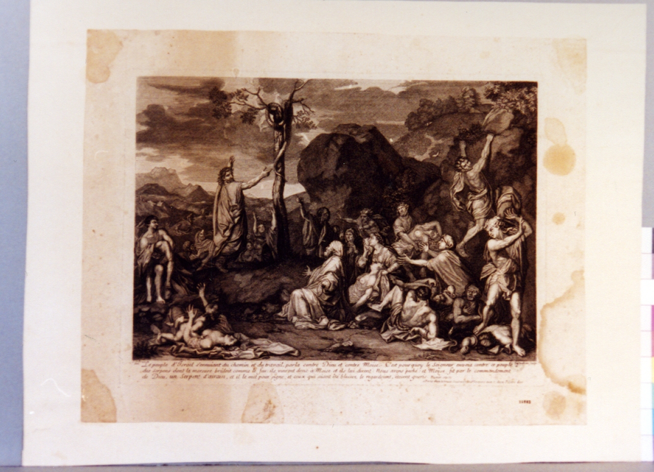Mosè e il serpente di bronzo (stampa) di Audran Louis (secc. XVII/ XVIII)