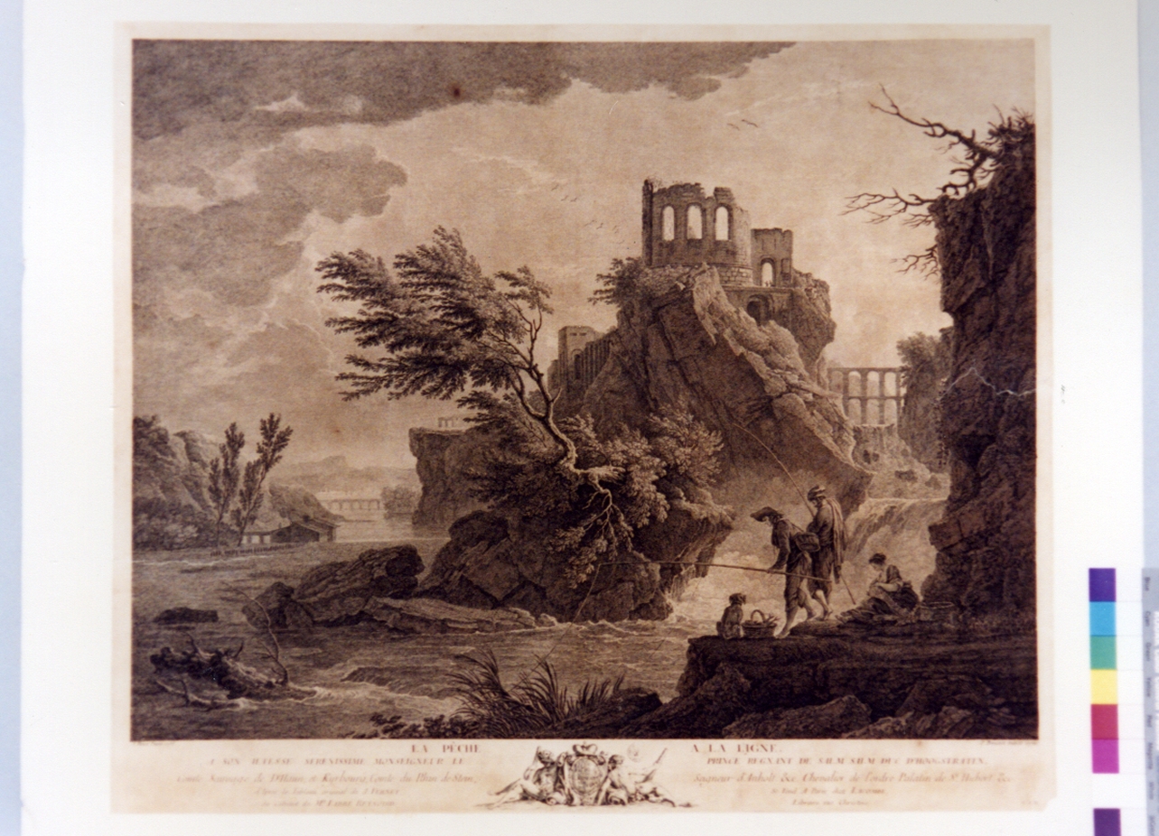 paesaggio fluviale con pescatore (stampa) di Benazech Peter Paul (sec. XVIII)