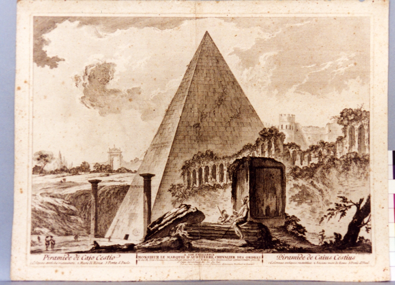 veduta della piramide di Caio Cestio (stampa) di Barbault Jean (seconda metà sec. XVIII)