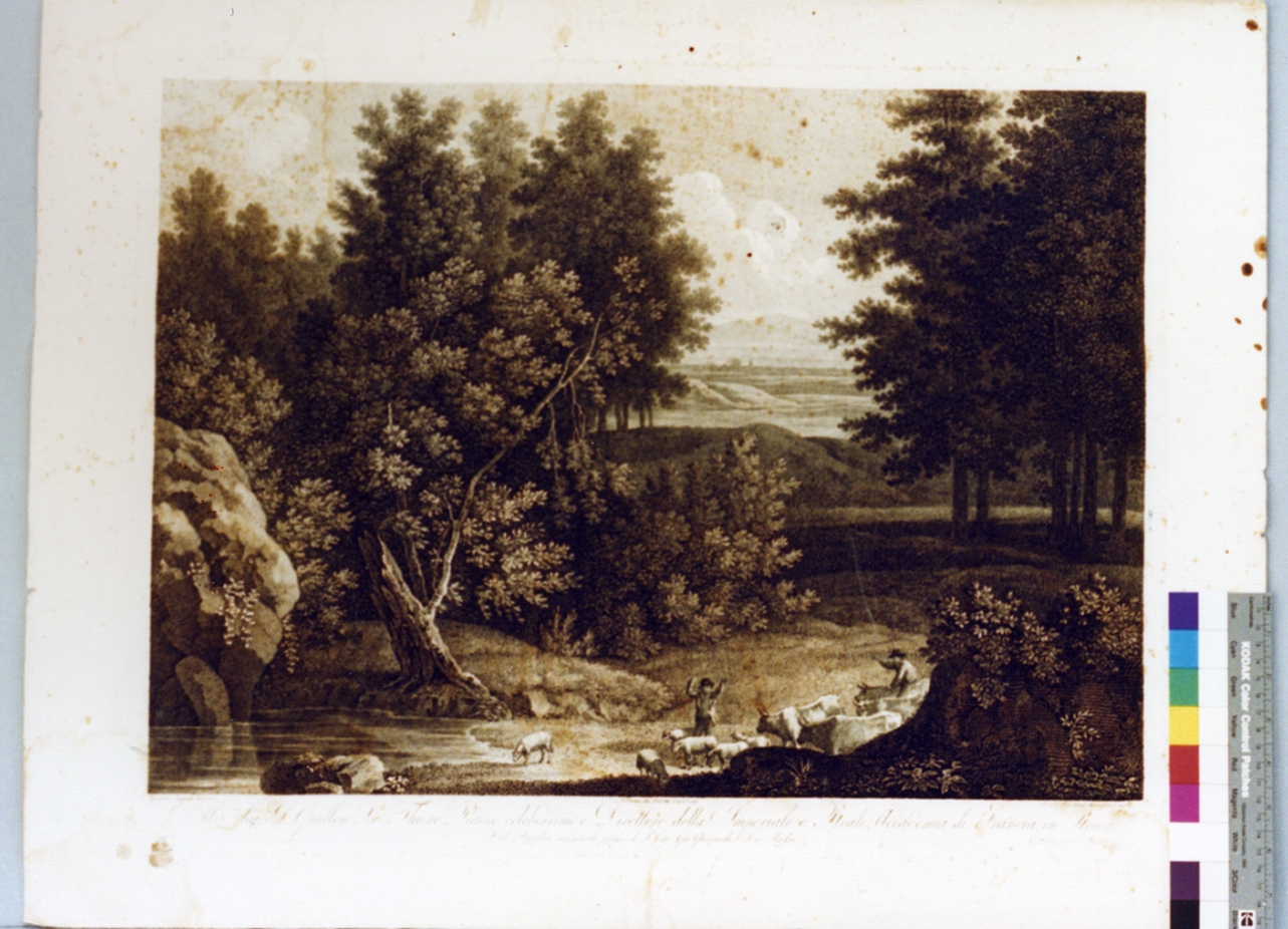 paesaggio con pastori e armenti (stampa) di Parboni Pietro, Dughet Gaspard detto Pussino (prima metà sec. XIX)