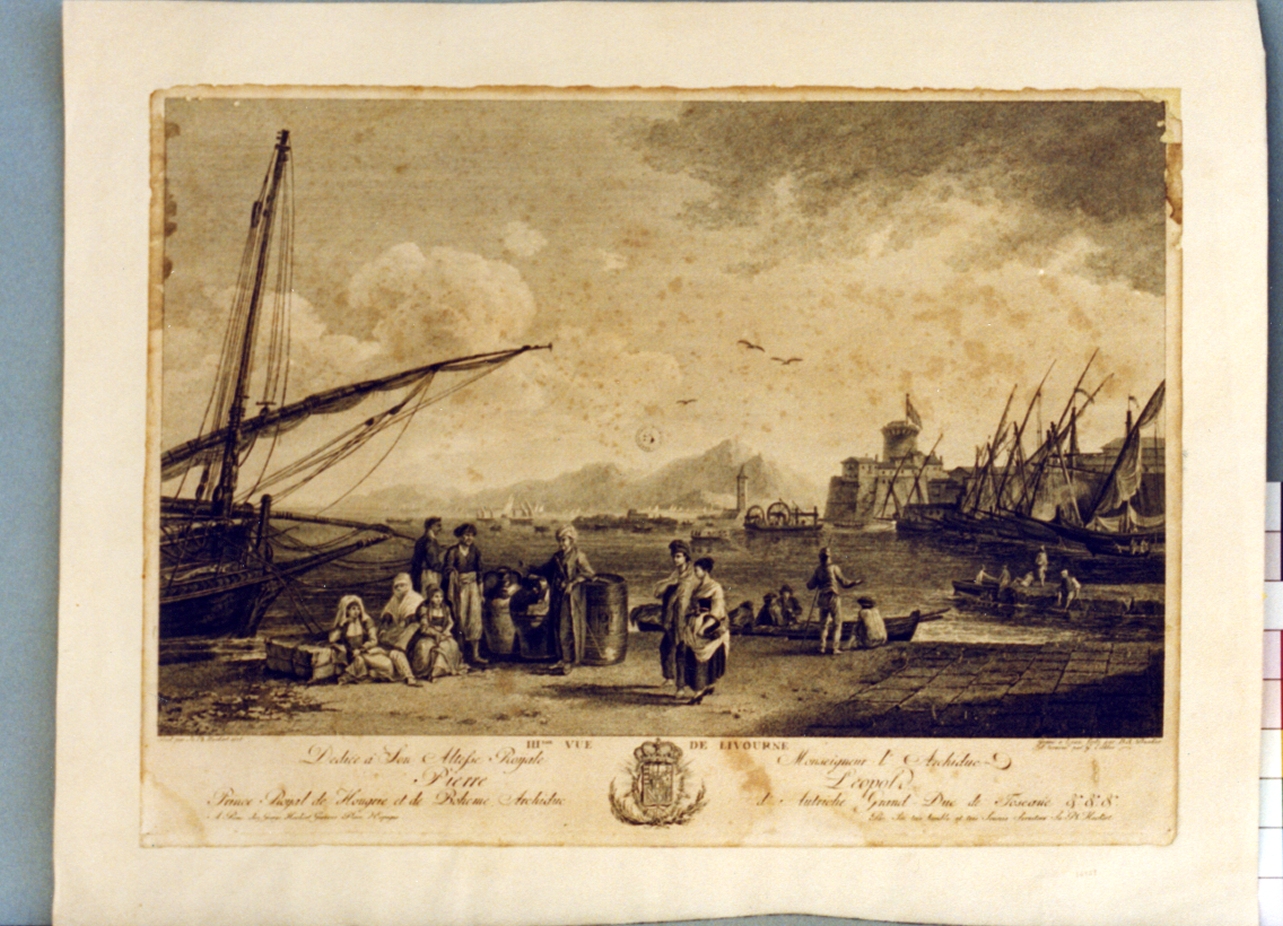 veduta del porto di Livorno (stampa) di Eichler Mathias Gottfried, Dunker Balthasar Anton, Hackert Philipp (secc. XVIII/ XIX)