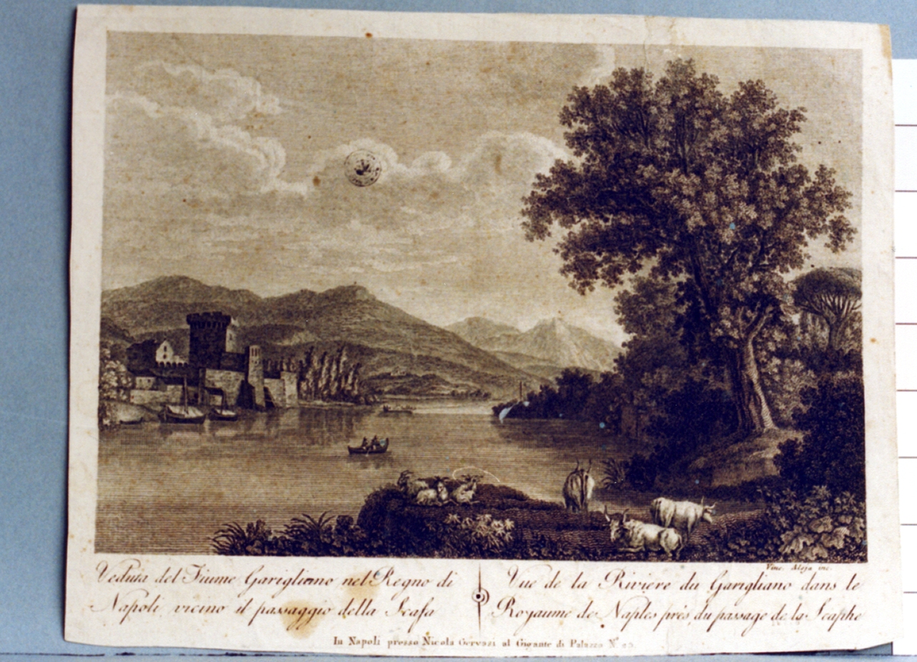 veduta del fiume Garigliano presso Scafa (stampa) di Alloja Vincenzo (secc. XVIII/ XIX)