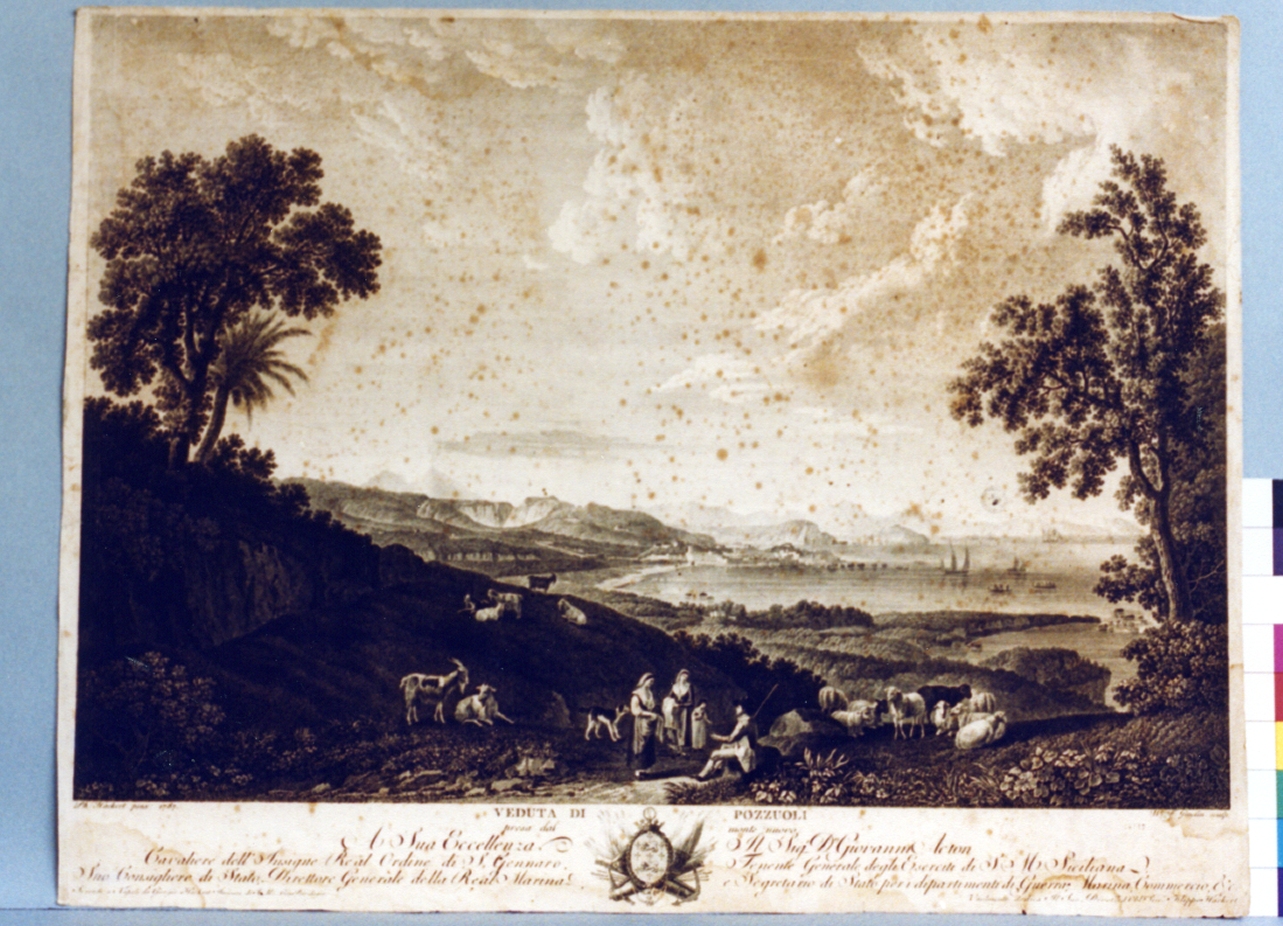 veduta di Pozzuoli con pastori e armenti da monte Nuovo (stampa) di Hackert Philipp, Gmelin Wilhelm Friedrich (secc. XVIII/ XIX)
