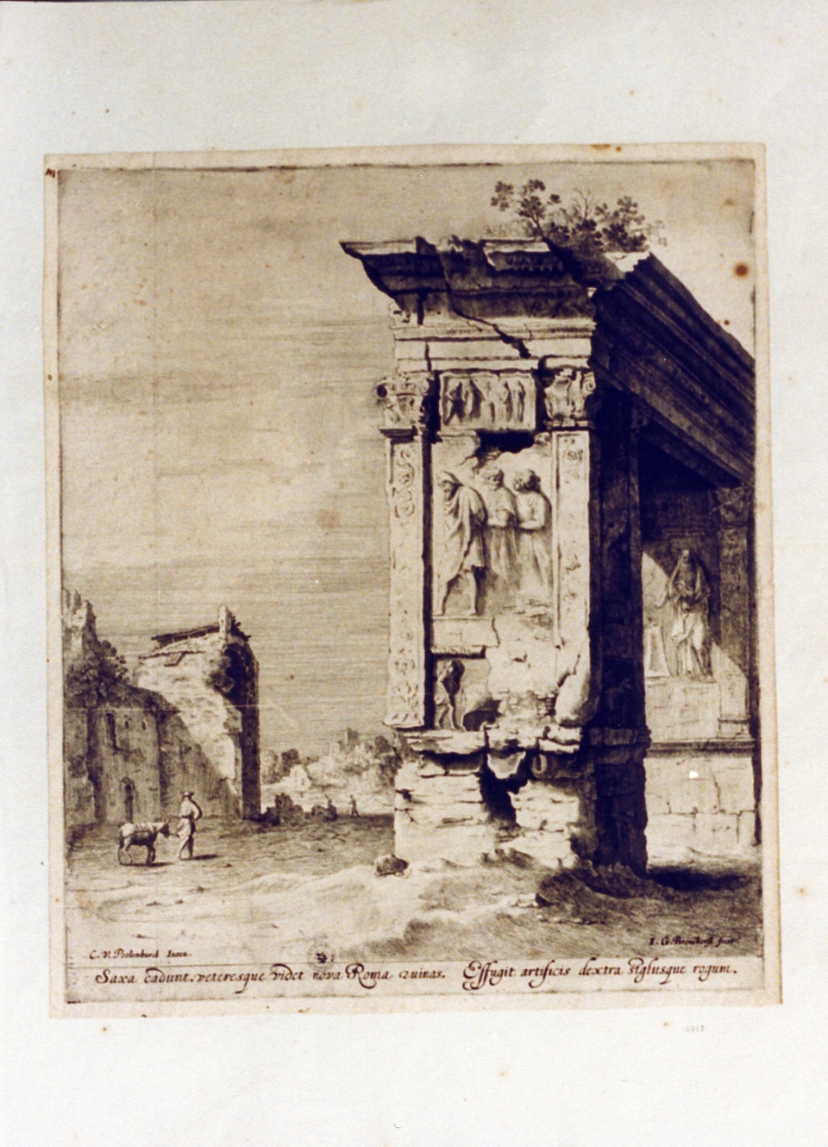 veduta dell'arco di Settimio Severo e Caracalla (stampa tagliata) - ambito fiammingo (sec. XVIII)