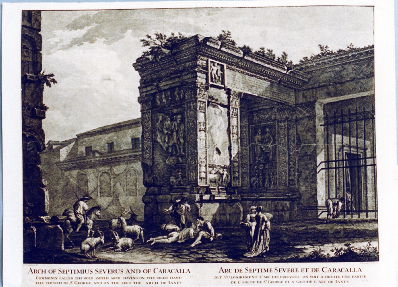 veduta con l'arco di Settimio Severo e Caracalla (stampa) di Cunego Domenico, Clerisseau Charles Louis (secc. XVIII/ XIX)