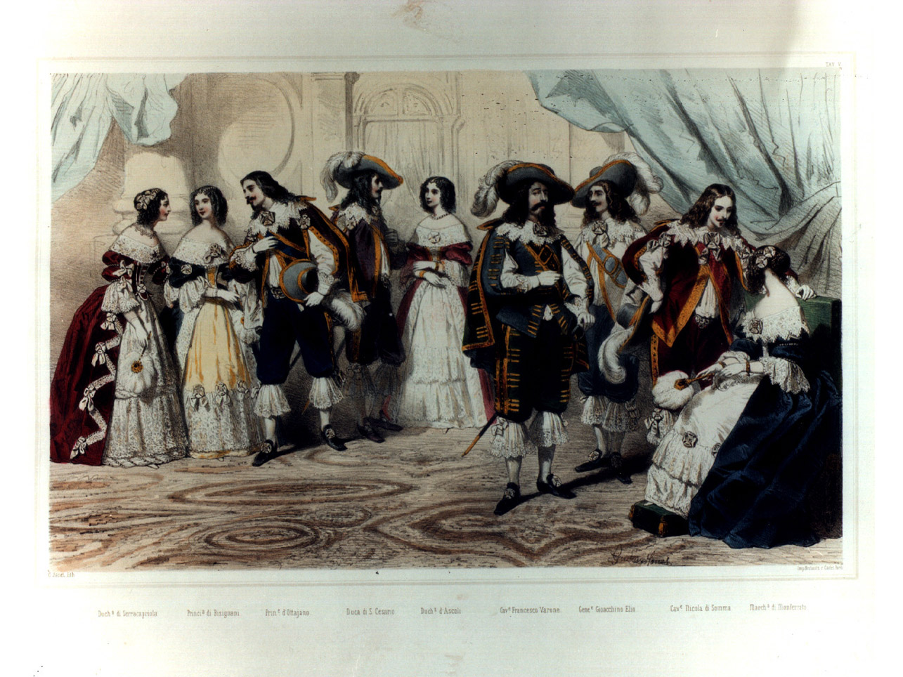 figure in costume entro salone (stampa a colori, elemento d'insieme) di Janet Gustave (sec. XIX)