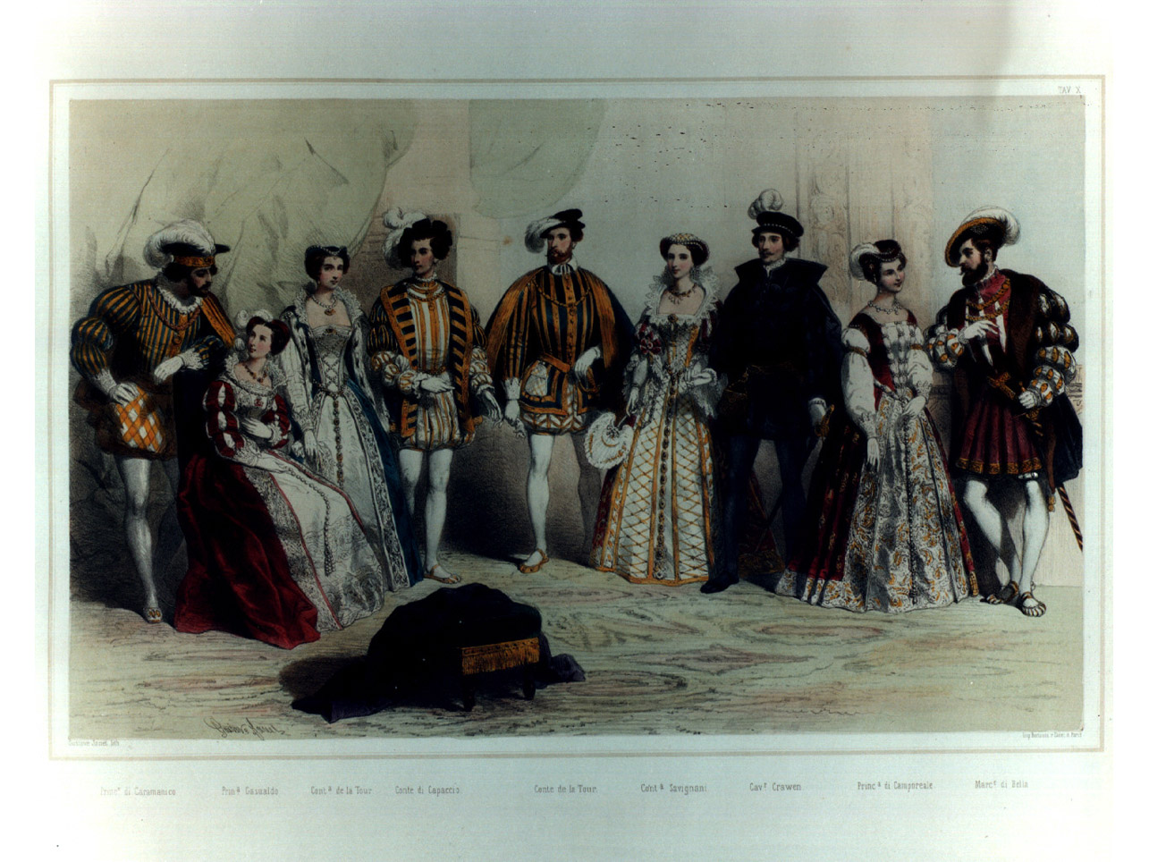 figure in costume entro salone (stampa a colori, elemento d'insieme) di Janet Gustave (sec. XIX)