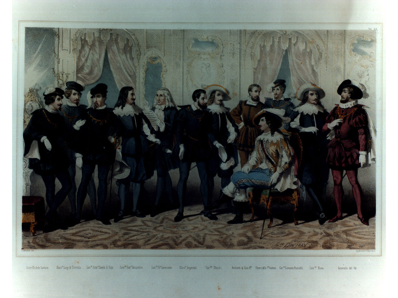 figure maschili in costume entro salone (stampa a colori, elemento d'insieme) di Donjean Gustave (sec. XIX)