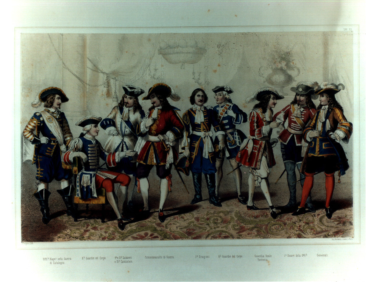 figure maschili in costumi militari entro salone (stampa a colori, elemento d'insieme) di Donjean Gustave (sec. XIX)