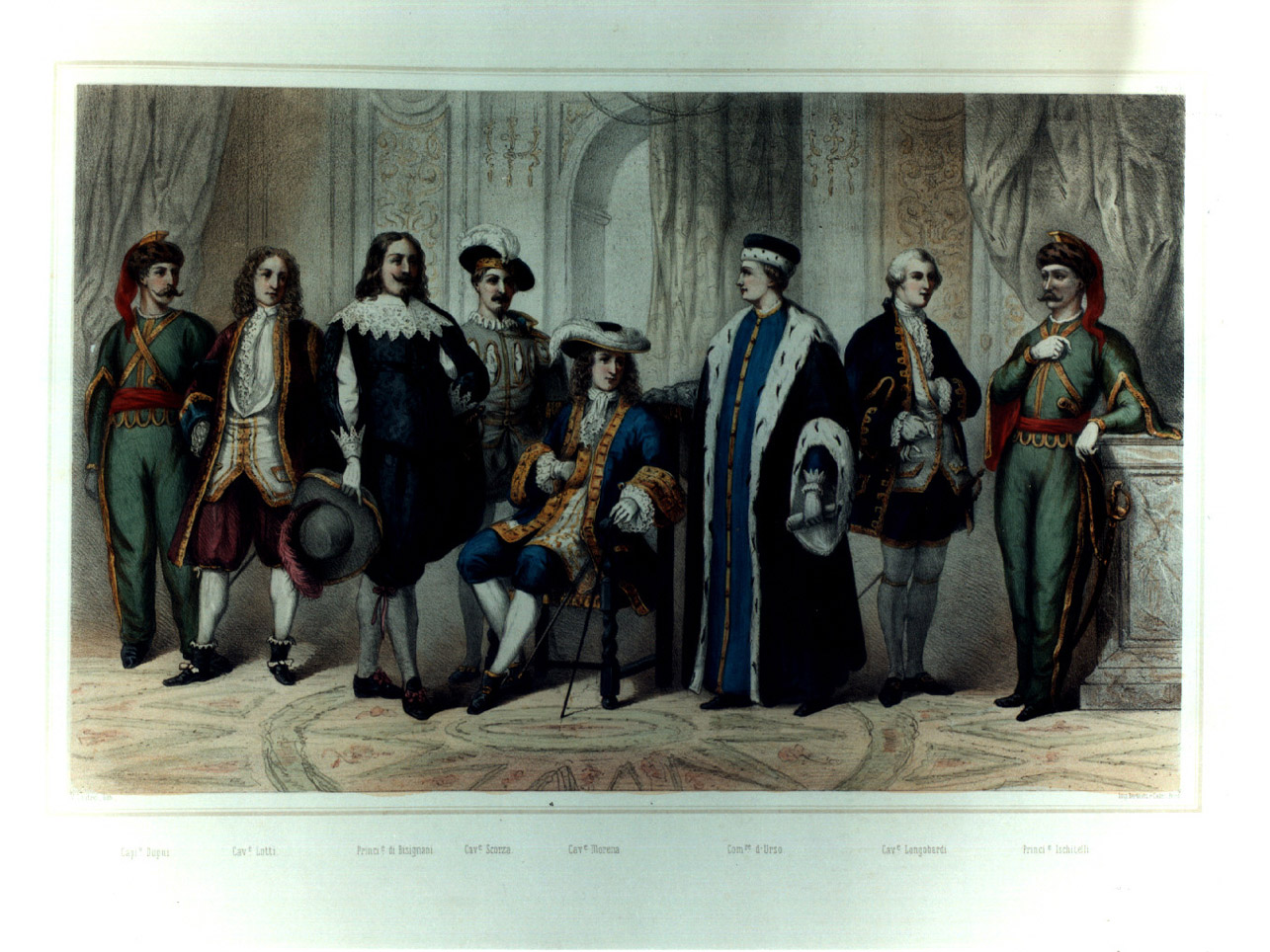 figure maschili in costume entro salone (stampa a colori, elemento d'insieme) di Loutrel Victor Jean Baptiste (sec. XIX)