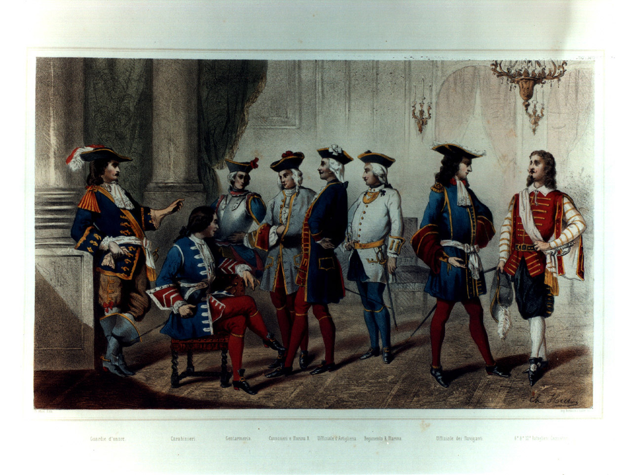 figure maschili in costumi militari entro salone (stampa a colori, elemento d'insieme) di Hue Charles Désiré (sec. XIX)