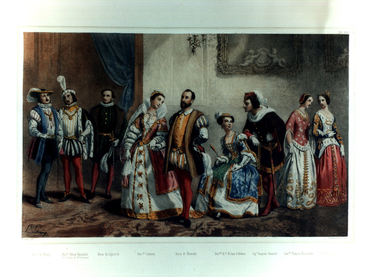 figure in costume entro salone (stampa a colori, elemento d'insieme) di Leray Prudent-Louis (sec. XIX)
