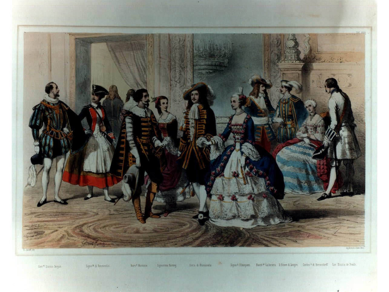 figure in costume entro salone (stampa a colori, elemento d'insieme) di Janet Gustave (sec. XIX)