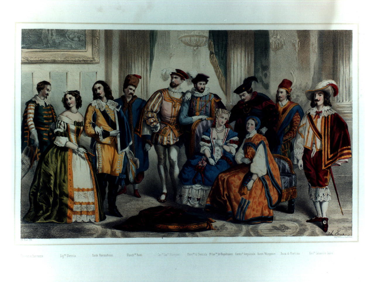 figure in costume entro salone (stampa a colori, elemento d'insieme) di Hue Charles Désiré (sec. XIX)