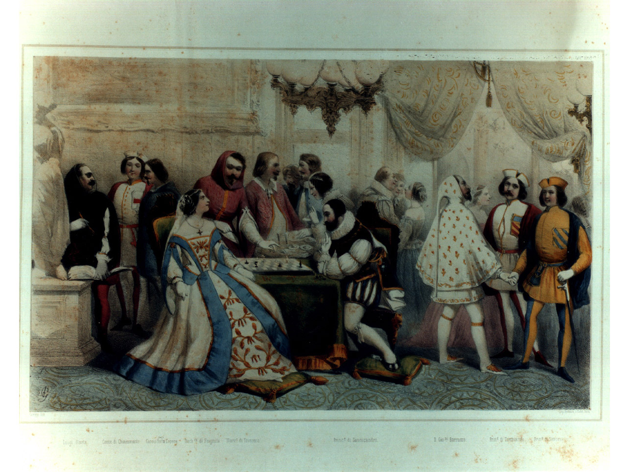 figure in costume entro salone (stampa a colori, elemento d'insieme) di Greppi Antonio (sec. XIX)