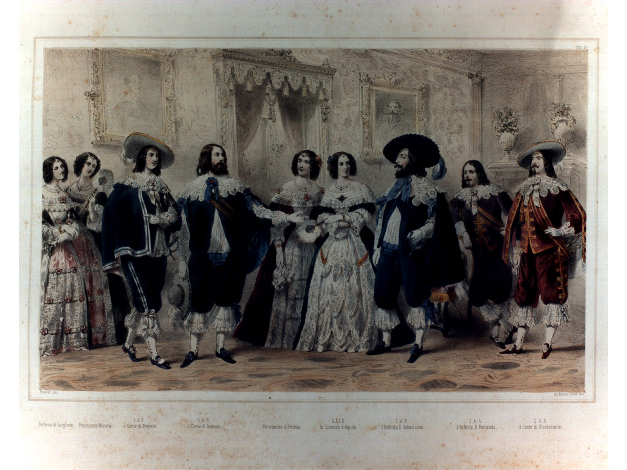 figure in costume entro salone (stampa a colori, elemento d'insieme) - ambito francese (sec. XIX)