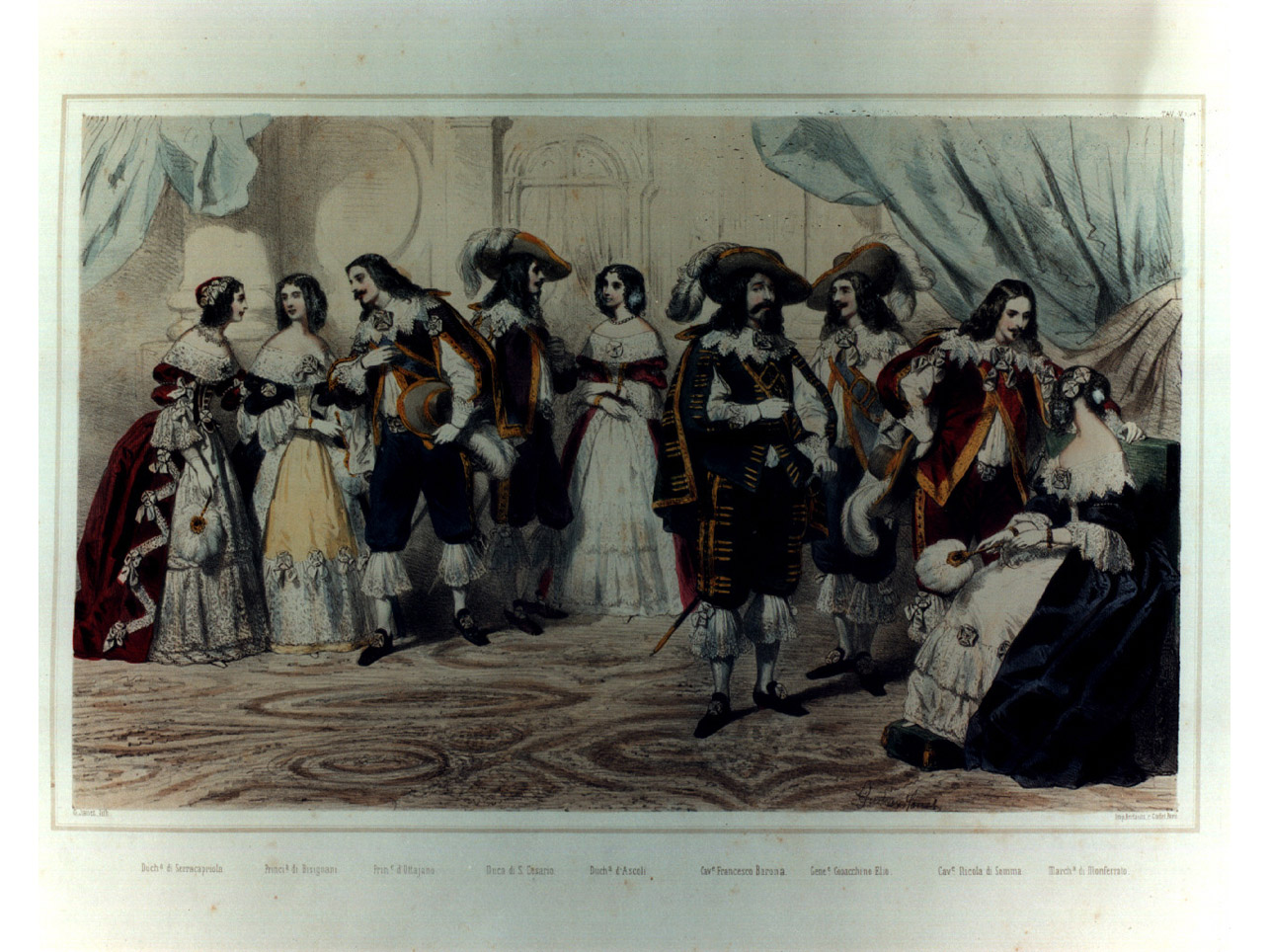 figure in costume entro salone (stampa a colori, elemento d'insieme) di Janet Gustave (sec. XIX)