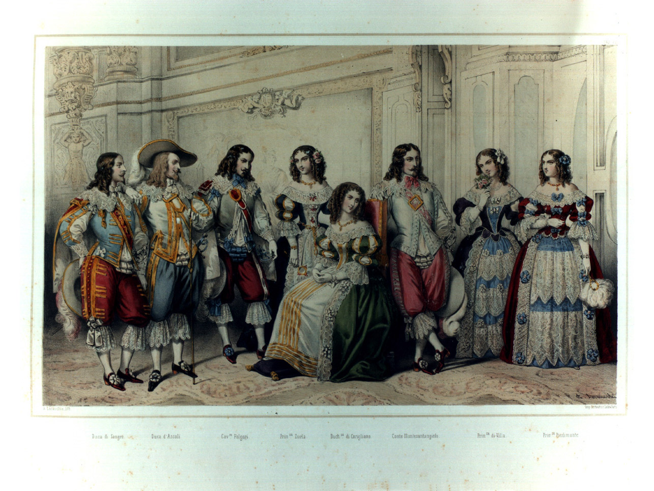 figure in costume entro salone (stampa a colori, elemento d'insieme) di Lacauchie Alexandre (sec. XIX)