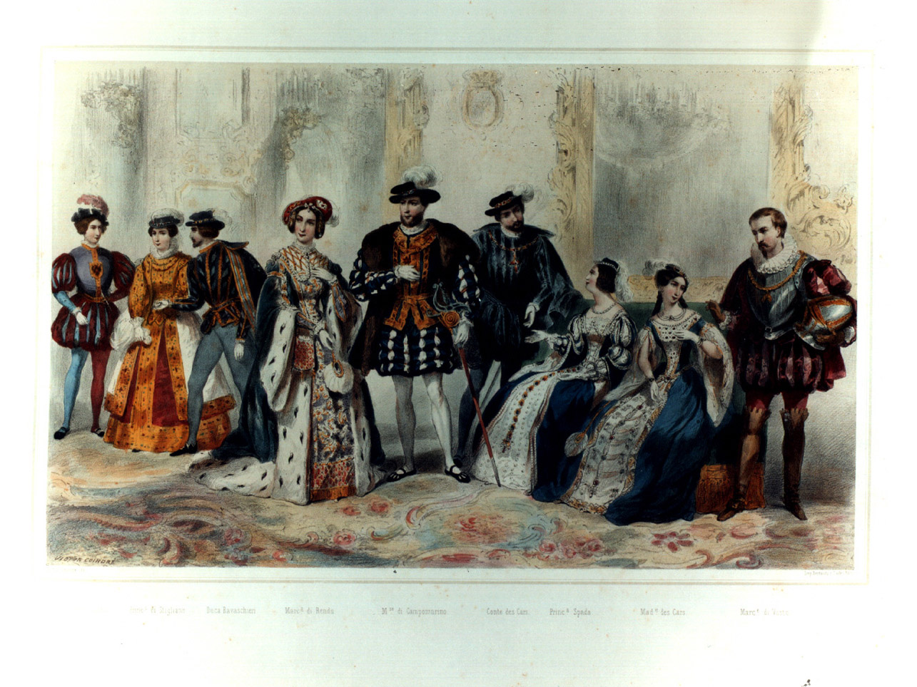 figure in costume entro salone (stampa a colori, elemento d'insieme) di Coindré Victor (sec. XIX)