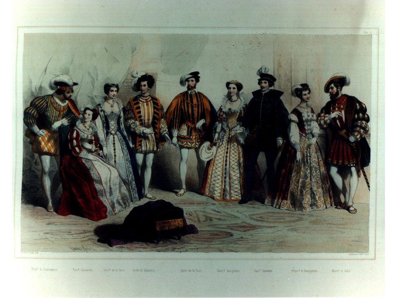 figure in costume entro salone (stampa a colori, elemento d'insieme) di Janet Gustave (sec. XIX)