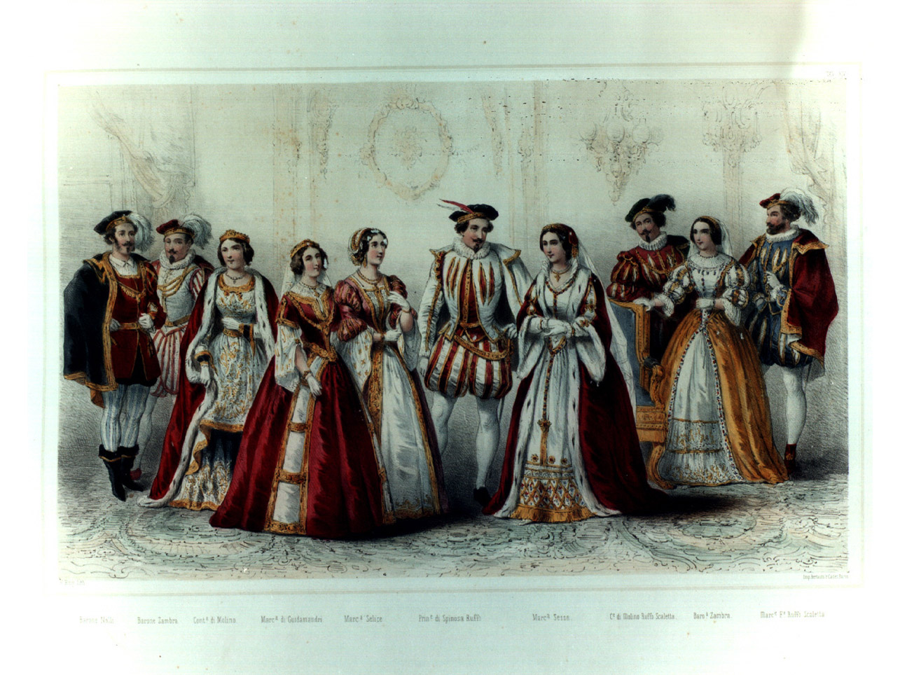 figure in costume entro salone (stampa a colori, elemento d'insieme) di Emy Henri (sec. XIX)