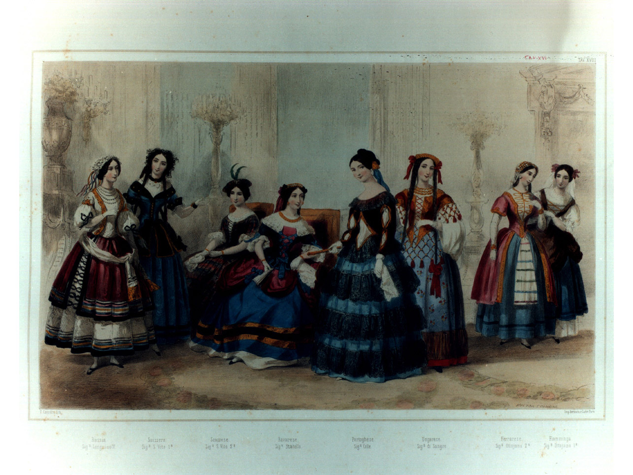 figure femminili in costumi nazionali entro salone (stampa a colori, elemento d'insieme) di Coindré Victor (sec. XIX)