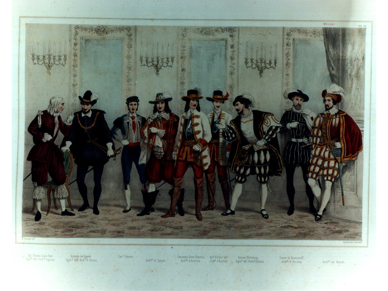 figure maschili in costume entro salone (stampa a colori, elemento d'insieme) di Grenier Henri (sec. XIX)