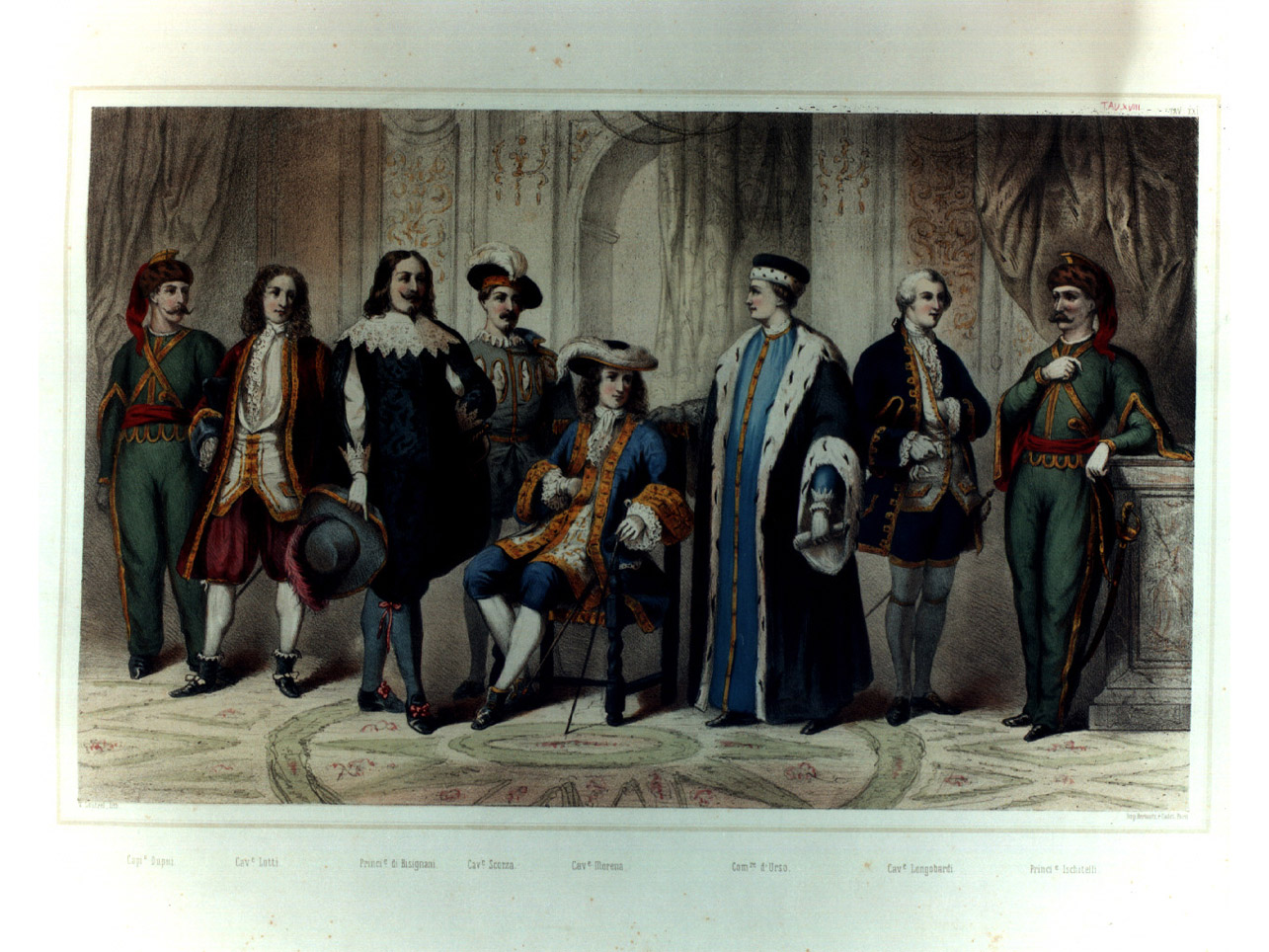 figure maschili in costume entro salone (stampa a colori, elemento d'insieme) di Loutrel Victor Jean Baptiste (sec. XIX)