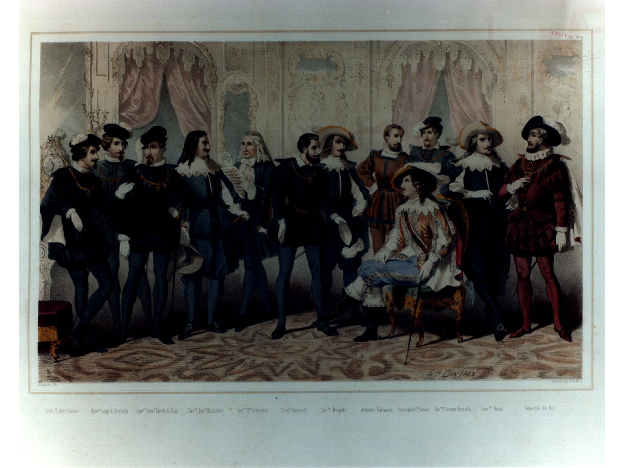figure in costume entro salone (stampa a colori, elemento d'insieme) di Donjean Gustave (sec. XIX)