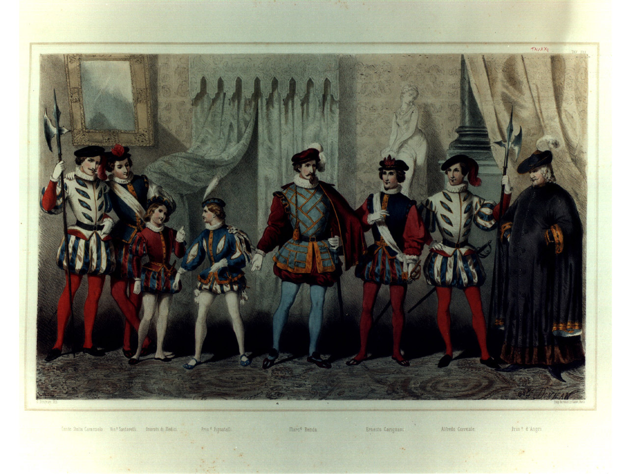 figure in costume entro salone (stampa a colori, elemento d'insieme) di Donjean Gustave (sec. XIX)