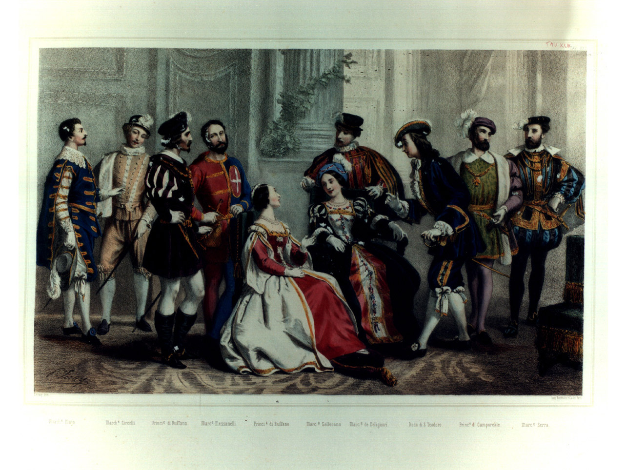 figure in costume entro salone (stampa a colori, elemento d'insieme) di Leray Prudent-Louis (sec. XIX)