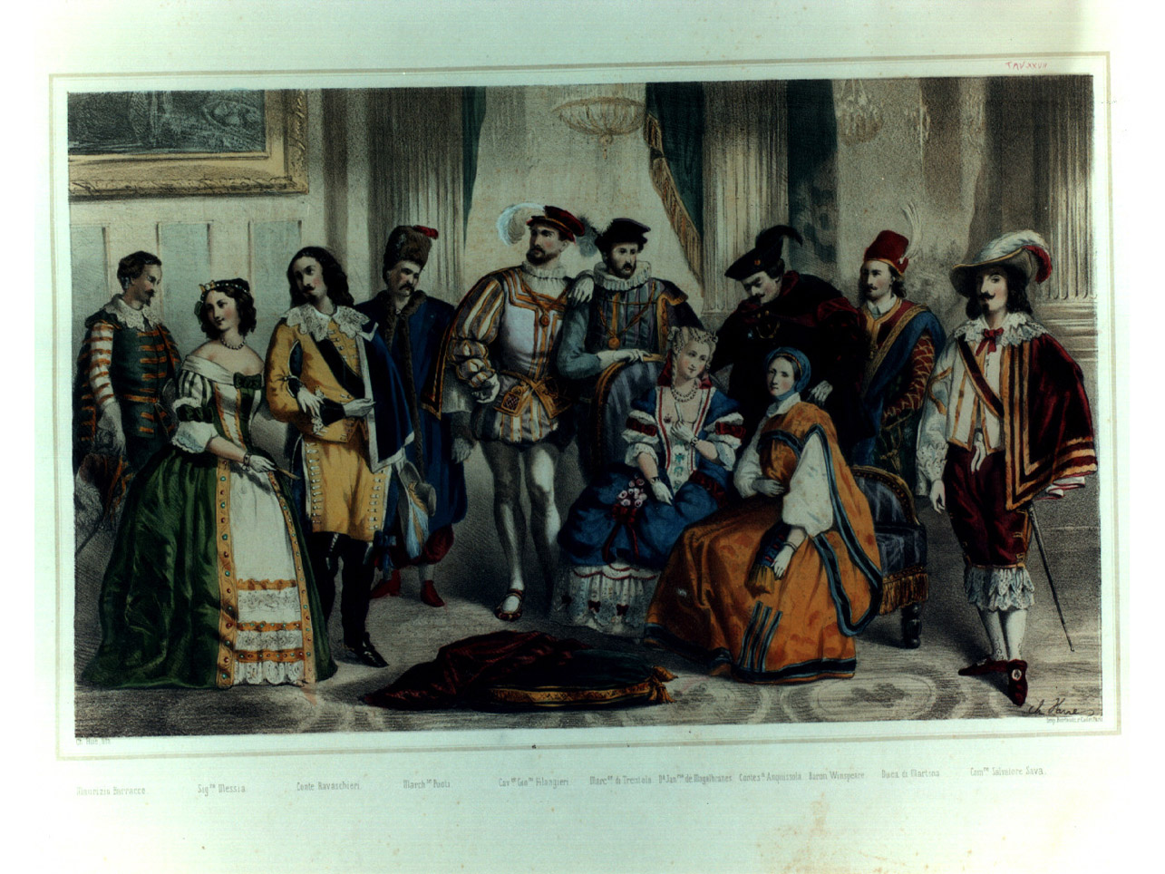 figure in costume entro salone (stampa a colori, elemento d'insieme) di Hue Charles Désiré (sec. XIX)