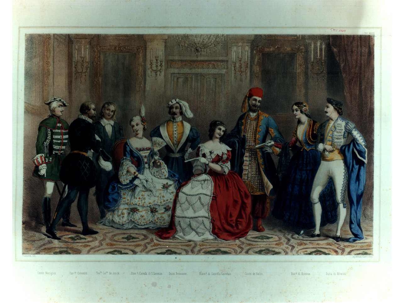 figure in costume entro salone (stampa a colori, elemento d'insieme) di Loutrel Victor Jean Baptiste (sec. XIX)