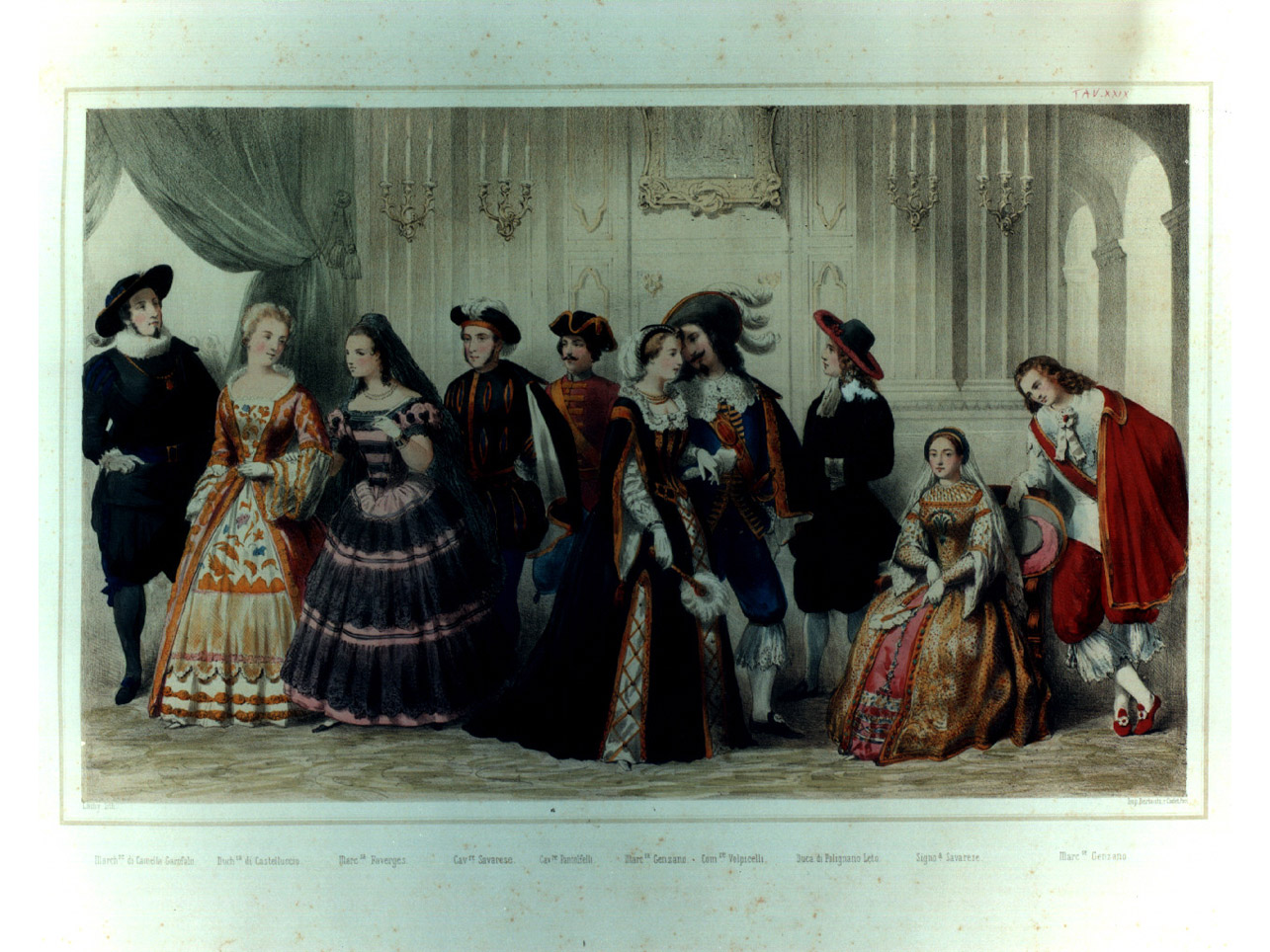 figure in costume entro salone (stampa a colori, elemento d'insieme) di Lamy Pierre August (sec. XIX)