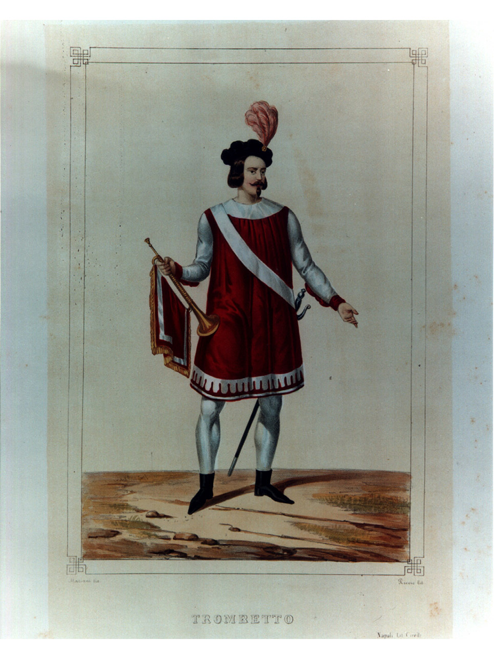 figura maschile in costume con trombetta (stampa a colori, elemento d'insieme) di Mariani Giovanni Battista, Riccio Gaetano (sec. XIX)
