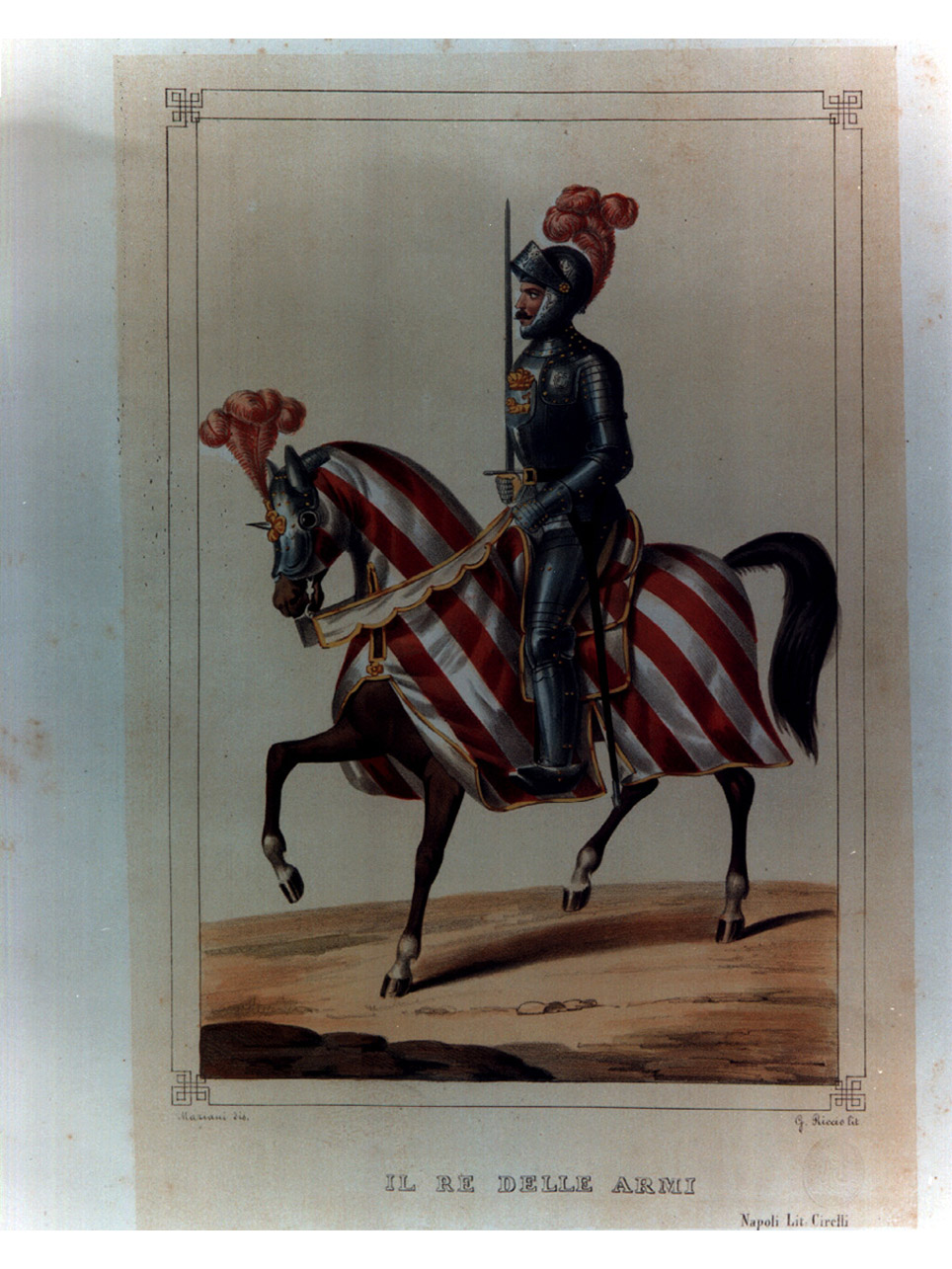 figura maschile in armatura a cavallo (stampa a colori, elemento d'insieme) di Mariani Giovanni Battista, Riccio Gaetano (sec. XIX)