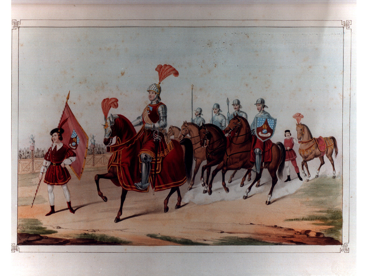 figure maschili in armatura a cavallo (stampa a colori, elemento d'insieme) di Riccio Gaetano, Mariani Giovanni Battista (sec. XIX)