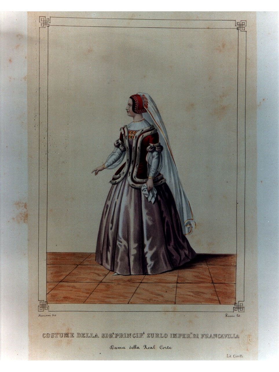 figura femminile in costume (stampa a colori, elemento d'insieme) di Mariani Giovanni Battista, Riccio Gaetano (sec. XIX)