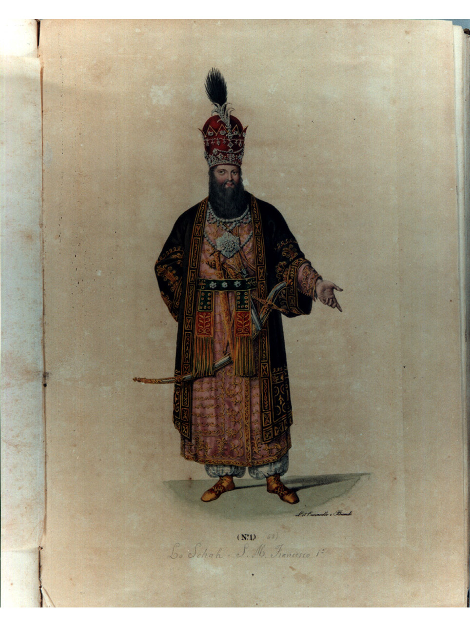 figura maschile in costume da Shah (stampa a colori, serie) di Bianchi Lorenzo, Morghen Luigi, Cuciniello Domenico (sec. XIX)