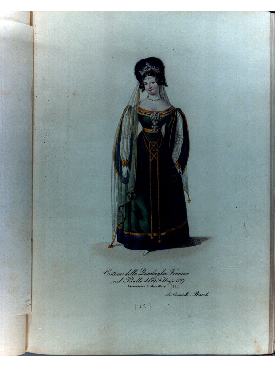 figura femminile in costume da francese (stampa a colori, serie) di Bianchi Lorenzo, Morghen Luigi, Cuciniello Domenico (sec. XIX)