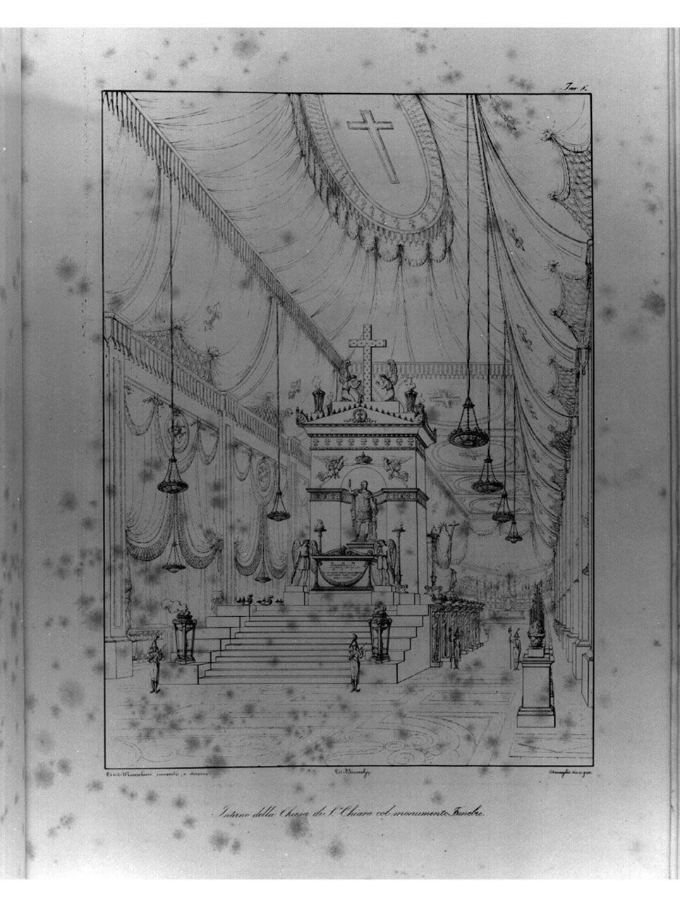 catafalco funebre in interno (stampa, elemento d'insieme) di Bianchi Lorenzo, De Angelis Vincenzo, Niccolini Antonio (sec. XIX)